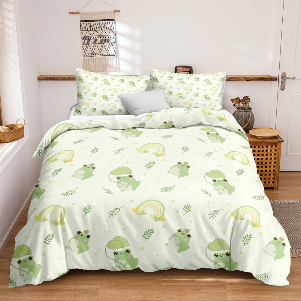 Animal Frogs Duvet Cover Set King Queen Size Green Lovely Cartoon Frog Bedding Set Kids Toad 2/3pcs Polyester Comforter Cover 240x220cm 3pcs