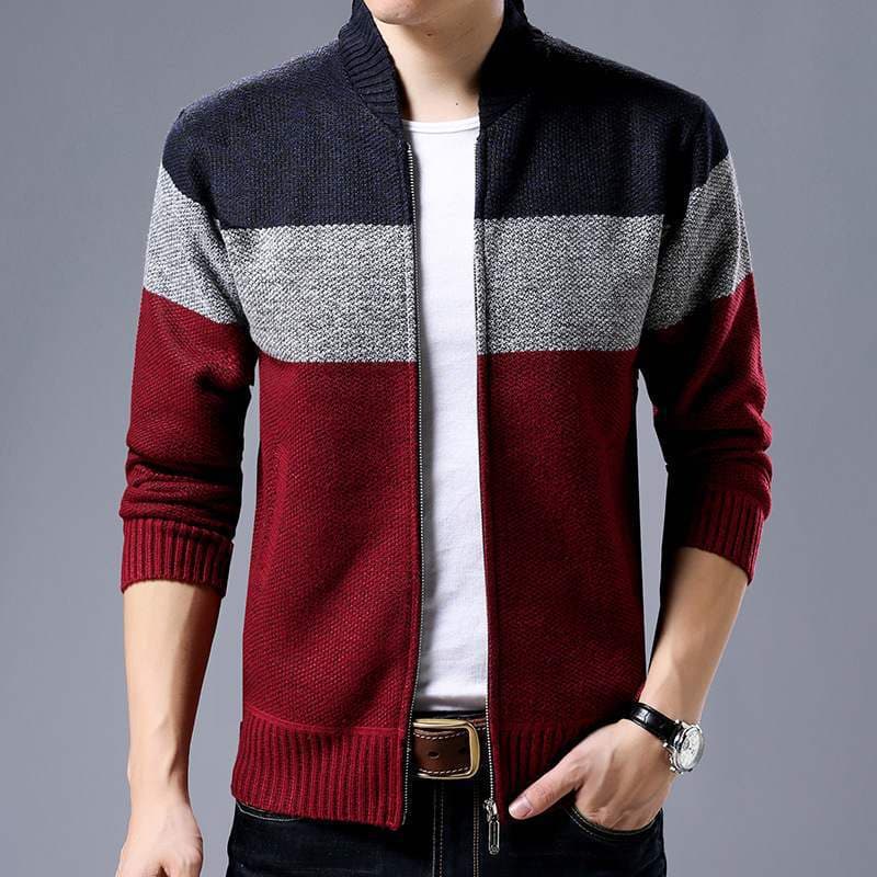 Spring Winter New Men's Cardigan Single-Breasted Fashion Knit  Plus Size Sweater Stitching Colorblock Stand Collar Coats Jackets M navy blue