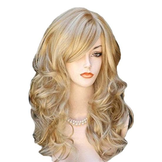 Women Long Curly Wig with Bangs Natural Looking Heat Resistant High Temperature Fiber Yellow Wine Red Blonde Wavy Synthetic Hair golden