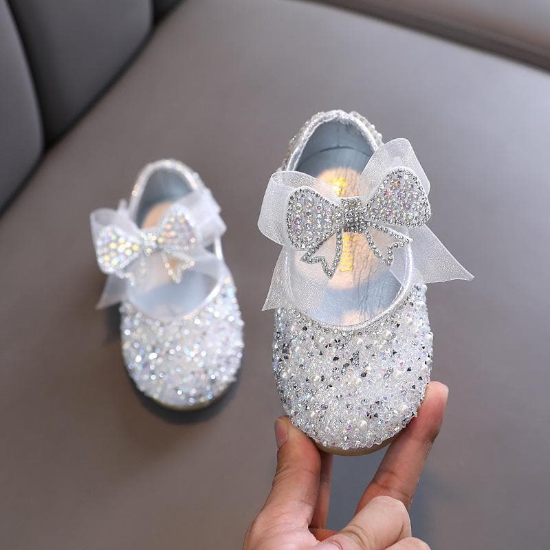New Children's Sequined Leather Shoes Girls Princess Rhinestone Bowknot Single Shoes Fashion Baby Kids Wedding Shoes 23 silver