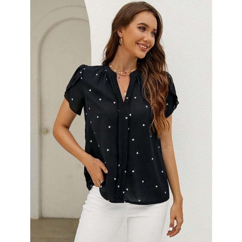 YYFS Women's Fashion Casual Summer Spring Love Print Short Sleeve V-Neck Blouses & Shirts XL black