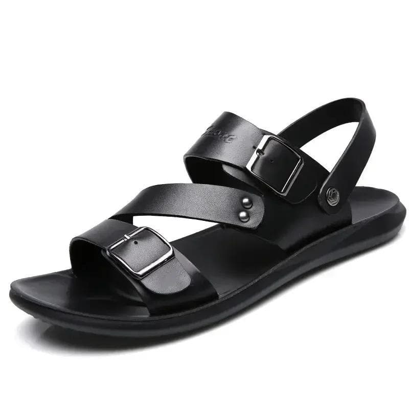 Men's Sandals Solid Color Open Toe Mens Leather Sandals 2024 New Slippers Beach for Male Leather Footwear 44 black