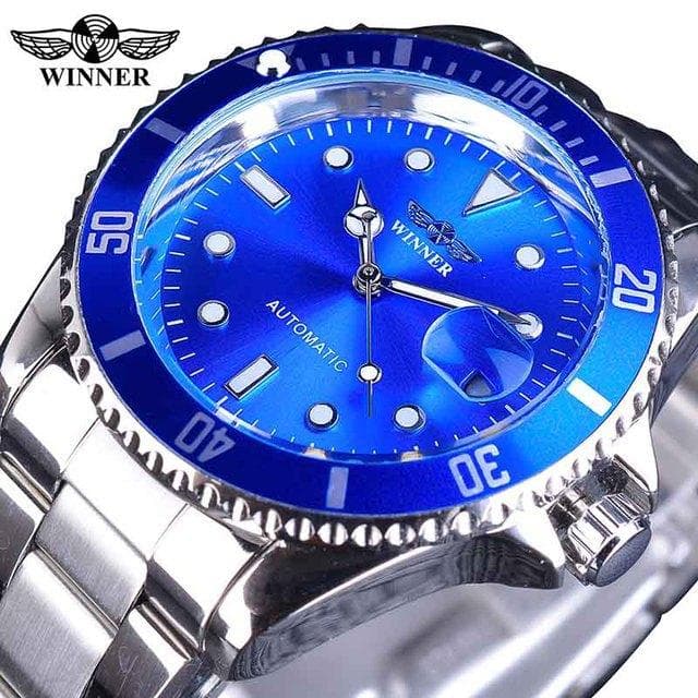 WINNER Top Men's Watch Automatic Mechanical Ribbon Calendar Water Ghost Series Watch Silver Stainless Steel Waterproof Luminous blue