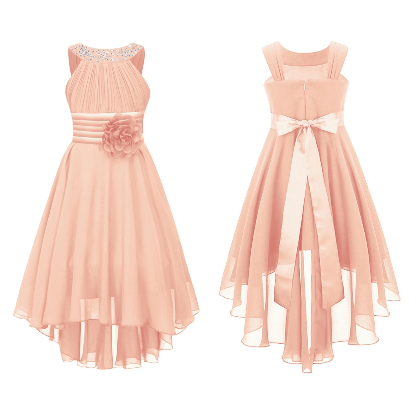 Kids Wedding Flower Girls Party Dress Sleeveless Shiny Beaded Hi-low Hem Elegant Chiffon Dress for Birthday Evening Prom 5-6 Years pink