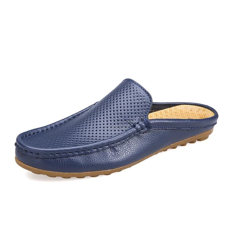 Fashion Men Half Loafers Genuine Leather Slippers Loafer Slides Breathable Man Outdoor Lightweight Half Shoes 45 blue