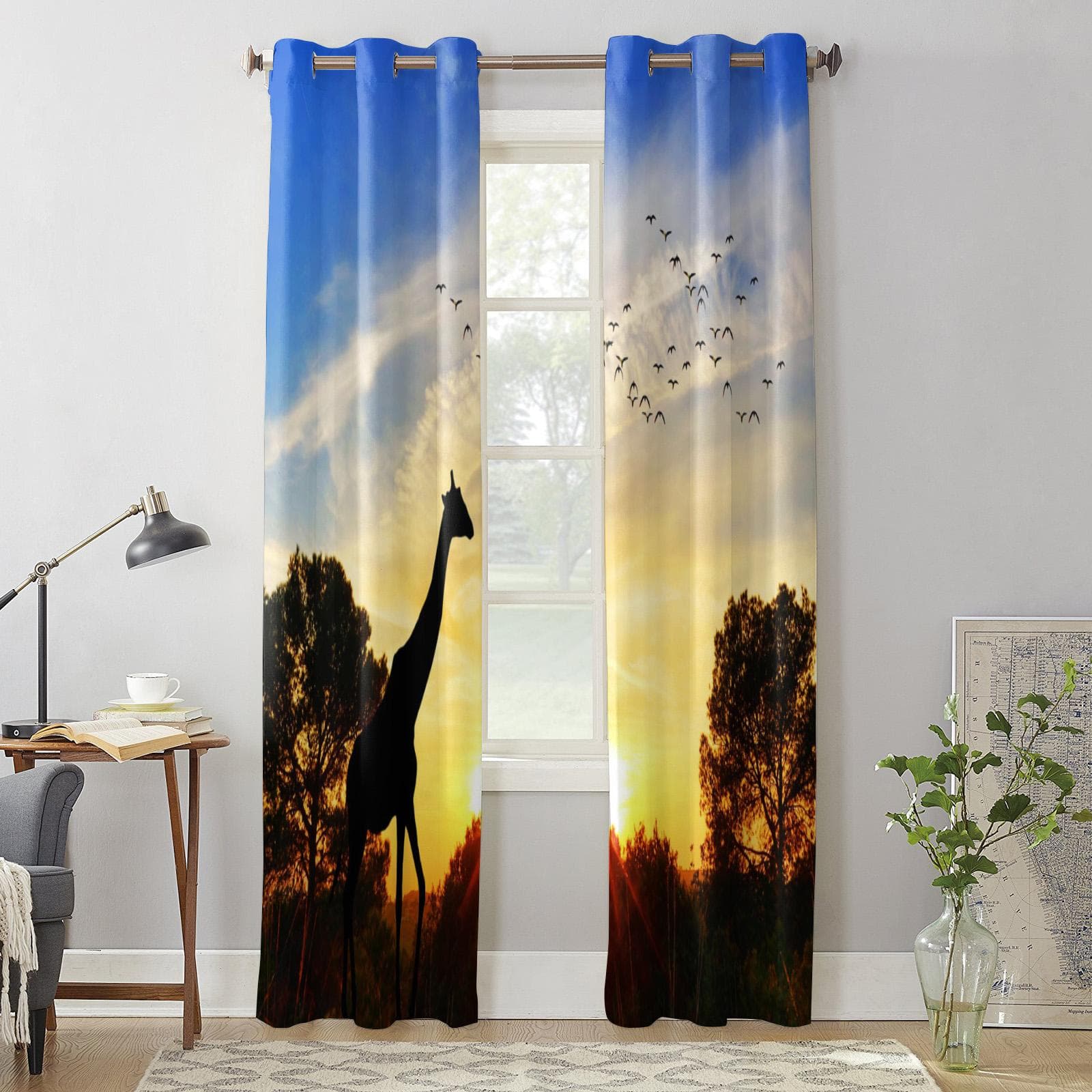 Sunset Giraffe The Scenery Windows Curtains Living Room Bedroom Window Treatments Household Kitchen Curtains 135W x 60H(cm) x1