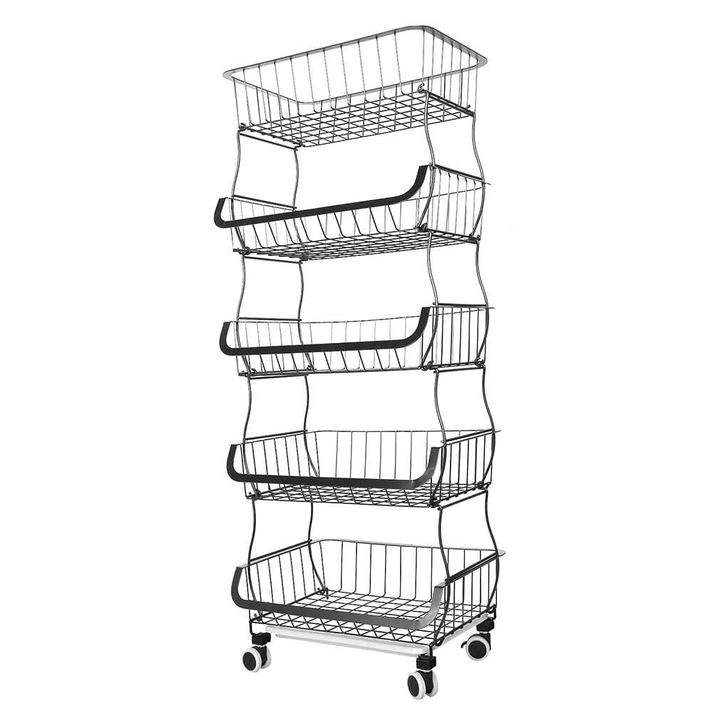5-Tier Kitchen Carts on Wheels Metal Large Capacity Fruit Vegetable Storage Basket Pantry Utility 5-Tier black