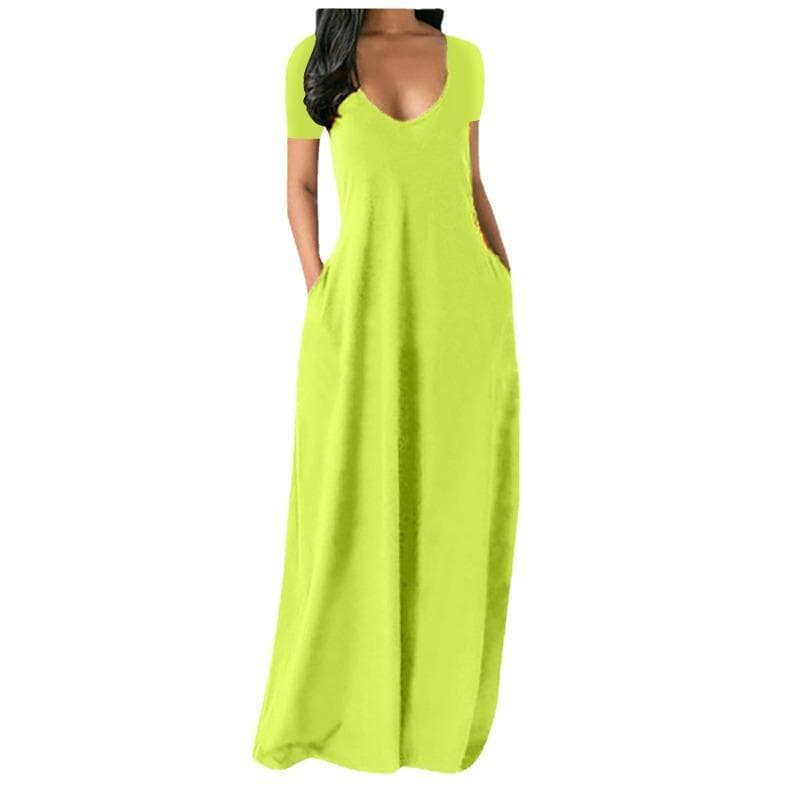 Solid Simple Dress, Casual Short Sleeve Maxi Dress With Pockets, Women's Clothing M fluorescent yellow