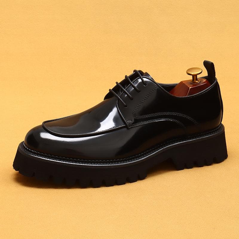 Platform Leather Shoes Men'S Round Head Bright Leather Business Casual Shoes Genuine Leather British Shoes 41 black