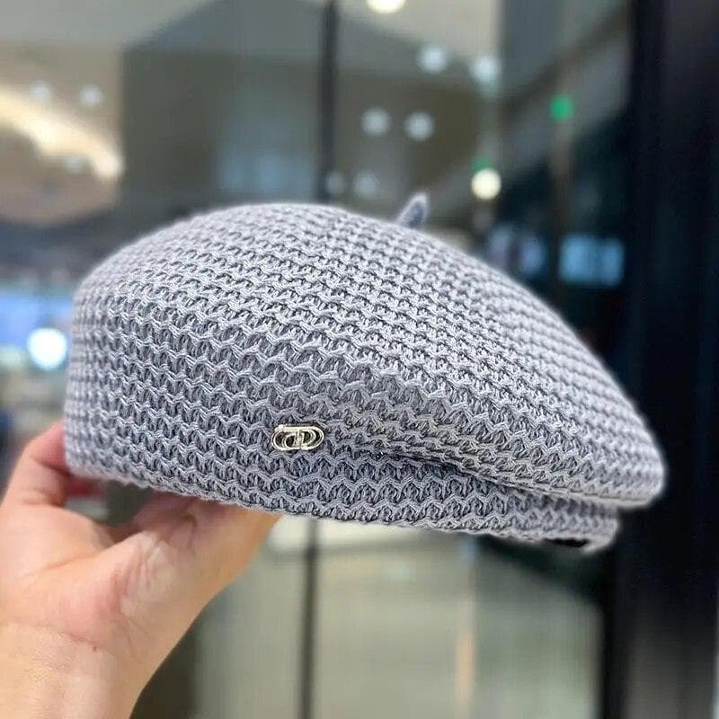 Women Fixed Pleated Paper Straw Beret Summer Milk Silk Knit Breathable Big Artist Fashion Newsboy Hat 56-56cm grey