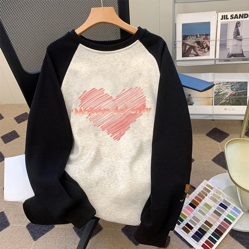 Contrast Color Love Round Neck Sweatshirt for Women In Autumn and Winter New Loose American Retro Velvet Top XXL