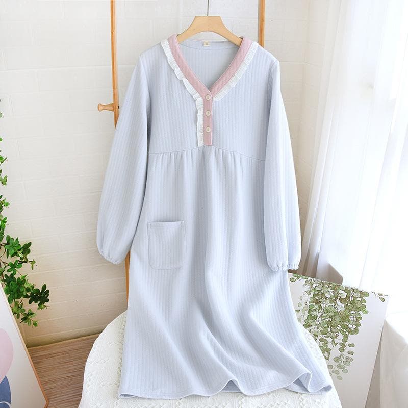 Autumn and Winter New Women's Long Skirt Thickened Thermal Nightdress 100% Cotton Cotton Clip Long Sleeve Home Dress Sleepwear XL blue