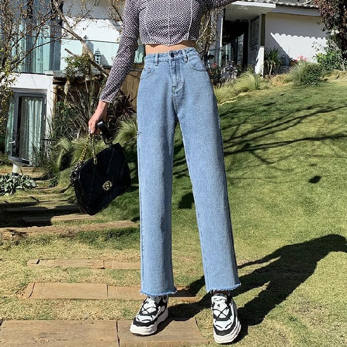 Pocket Contrast Light Color Ripped Straight Pants for Women In Autumn Ripped Nine-point Jeans for Women In Autumn Slim Design Pants 2XL