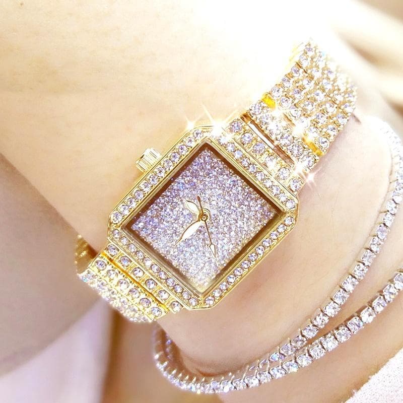 Full Diamond Quartz Women Silver Watches Luxury Brand Crystal Square Female Wristwatch Rhinestone Ladies Clock watch&Bracelet gold
