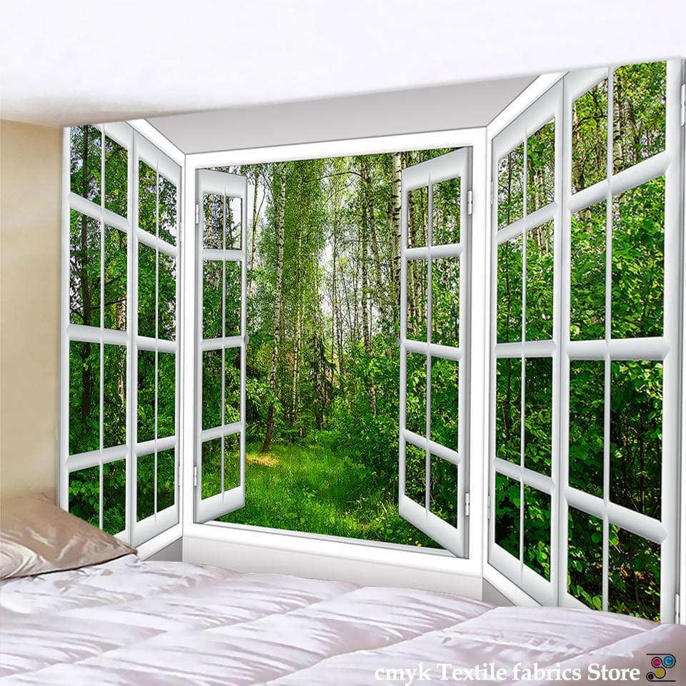 3D Landscape Painting Outside The Window Wall Tapestry Psychedelic Witchcraft Nordic Style Home Decoration Painting Wall Hanging 200x150CM