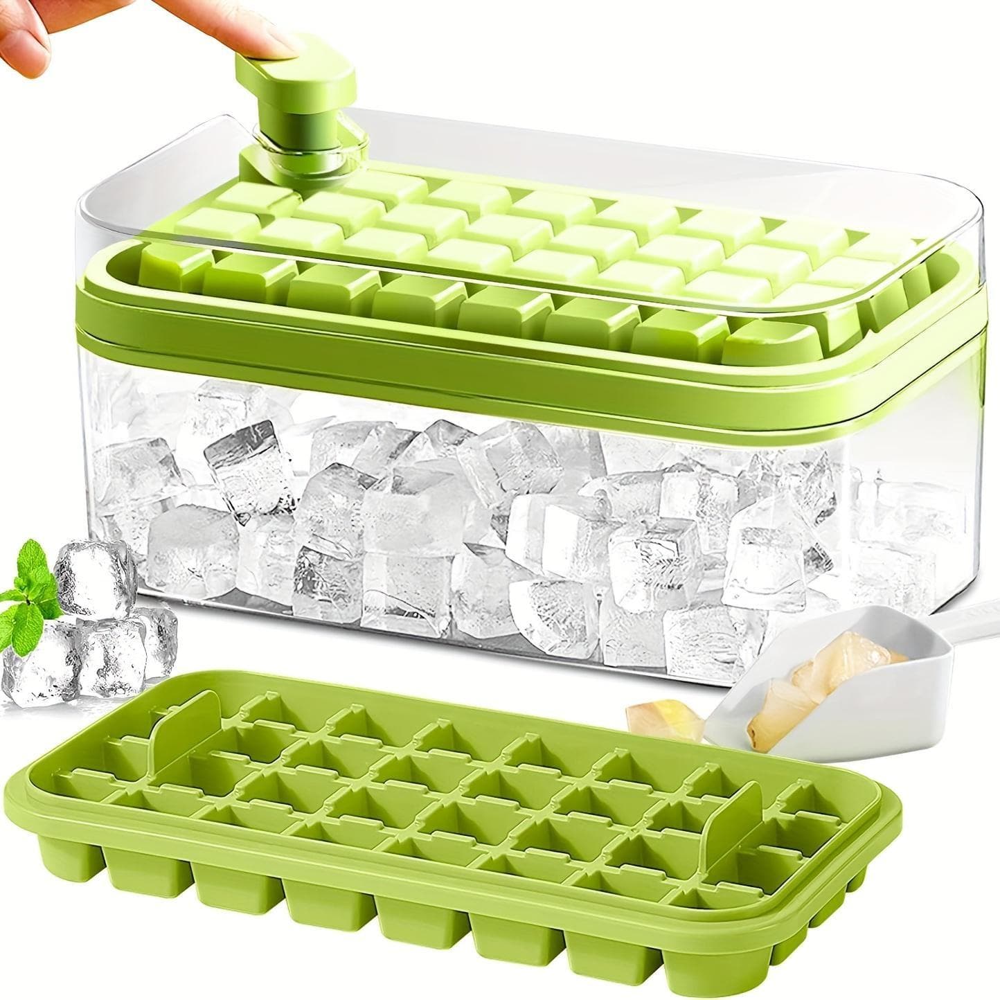 64 Grids Pressing The Ice Cube Mold PP Silicone Ice Box Refrigerator Storage of Ice Making Artifacts green