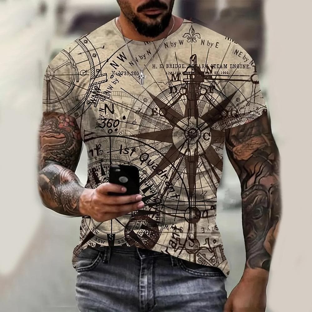 Summer Vintage Men's T Shirt Sailboat Compass 3d Print Casual Short Sleeve Tops Fashion Crew Neck Oversized Clothing Pullover 3XL