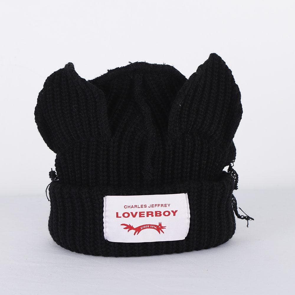 2023 Loverboy Cat Ear Knit Hat solid Warm Pig Ear Woolen Hat Cute Fashion Hooded Cap Niche Design Hip-hop Personality Cold Hat 56-58cm black
