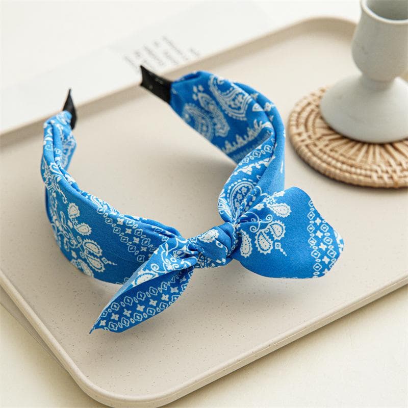 Fashion Cotton Cashew Flowers Printing Soft Wide Hairhoop Hair Accessories for Women Casual Bow Cross Ethnic Headband blue