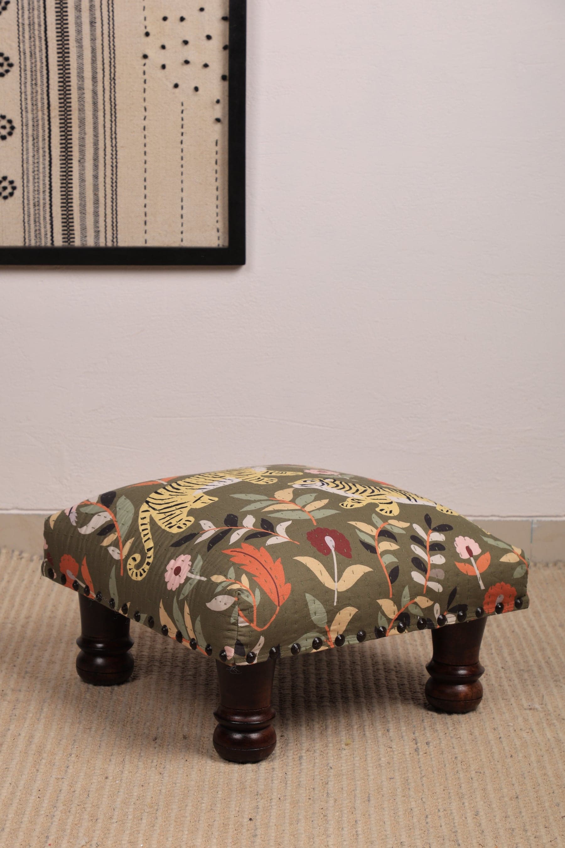 Botanical Tiger Green Foot Stool with Kantha Work - Cotton Ottoman with Mango Wood Legs, 40 x 40 x 22.5 cm 40x40x22.5 cm green