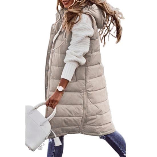 Women Vest Coat Padded Solid Color Sleeveless Hooded Drawstring Single-breasted Mid Length Slim Fit Zipper Hem Pockets 4XL beige