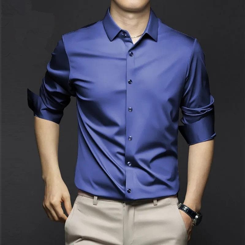 New Stretch Anti-Wrinkle Men's Shirts Long Sleeve Dress Shirts for Men Slim Fit Social Business Blouse White Shirt 6XL XL navy blue
