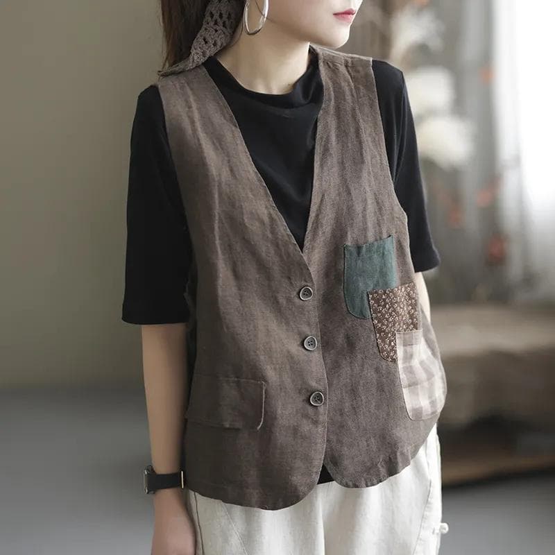 Vest Women's Casual Retro Loose Sleeveless Vest Waistcoat Vest Jacket XXL khaki