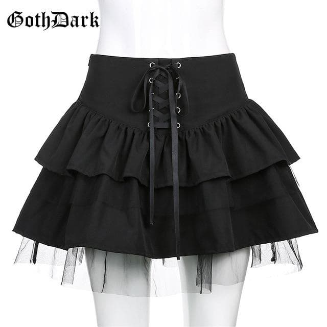 Goth Dark Gothic Pleated Lace Up Mini Skirts Mall Goth Mesh Patchwork Women Sexy Skirt High Waist Puffy Skirt Partywear Club Emo S black