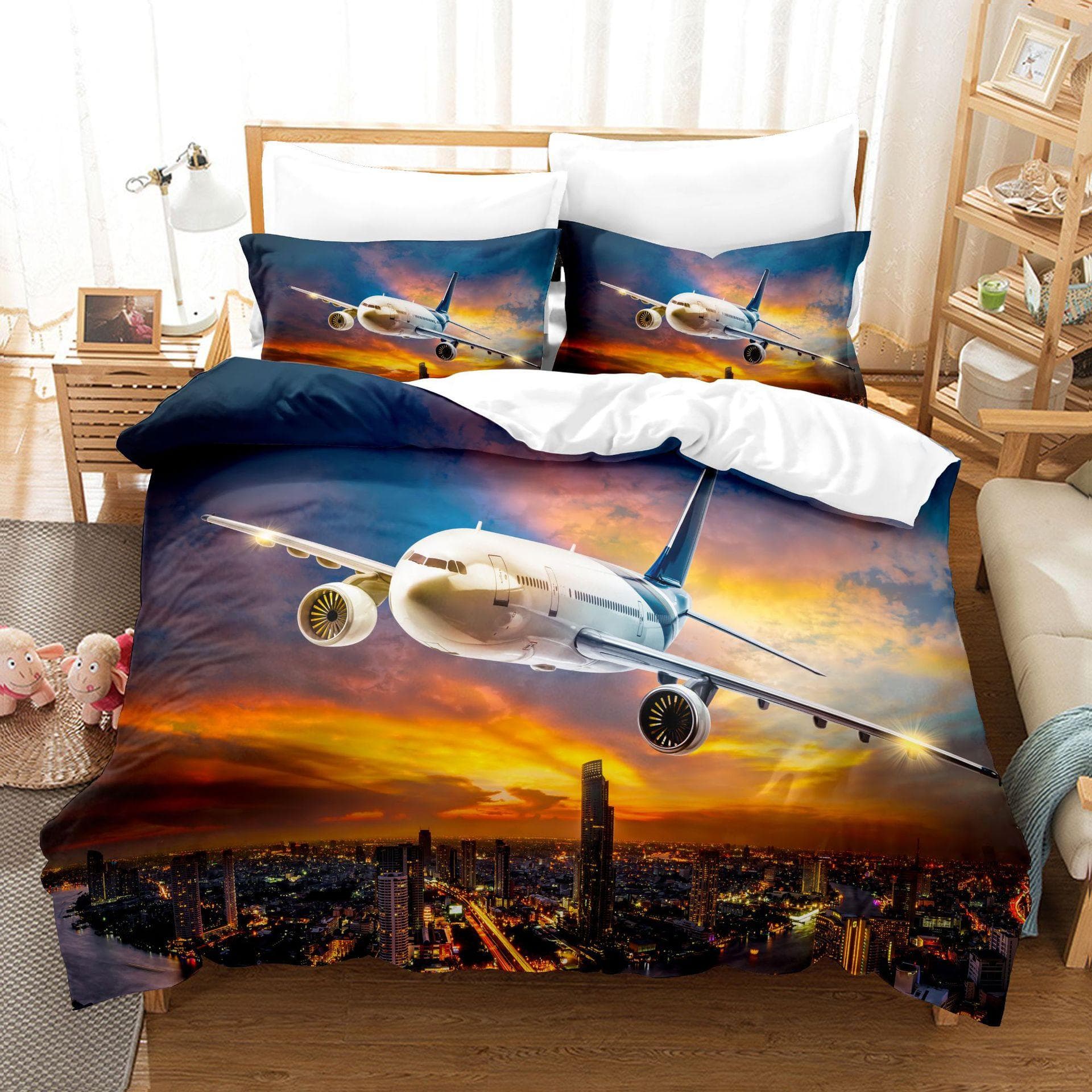 Airplane Duvet Cover King/Queen Size,Blue Sky Modern Aviation Aircraft Runway Soft Bedding Set for Kids Teens Boys,2 Pillowcases 140x210cm 2pcs