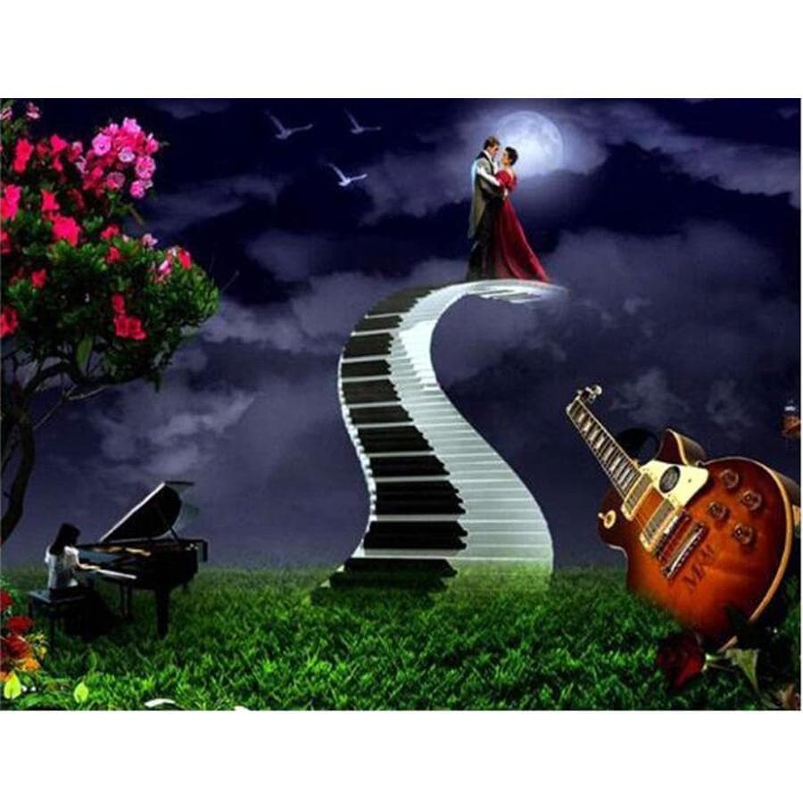 Diamond Painting Romantic Couple Pattern Cross Stitch Embroidery Fantasy Road Guitar Piano Art 20X30CM