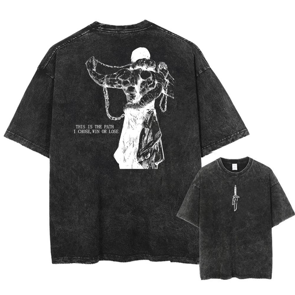 Men Streetwear Washed Acid Oversized T Shirt Japanese Anime Retro Worn Graphic Print T-Shirt Short Sleeve Tees M