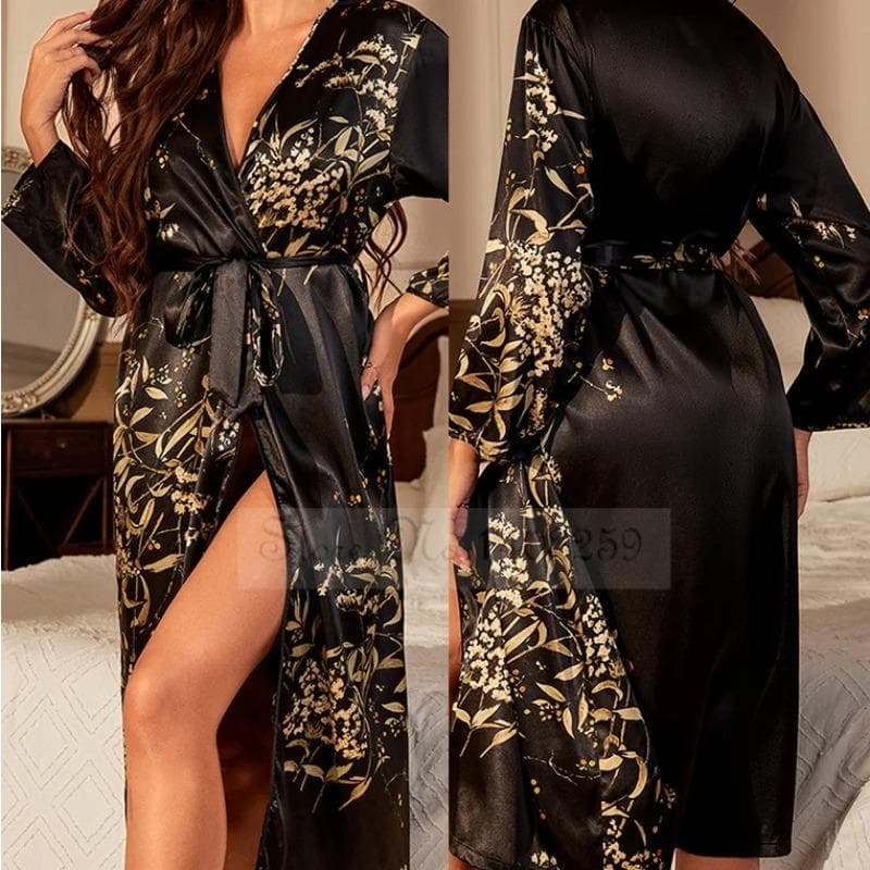 Black Print Flower Long Robe Nightgown Silk Satin Female Sleepwear Nightdress Spring Summer Loose Kimono Bathrobe Gown Home Wear L