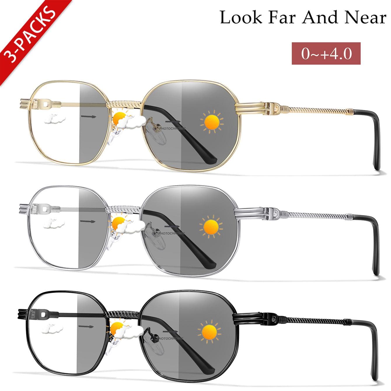 1/3 Pairs Anti-Blue Light Photochromic Reading Sunglasses Women Men Metal Round Trendy Classic Style Unisex Eyewear 4