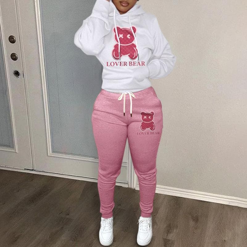 New Ladies Sweater European and American Fleece Sports Suit Bear Print Two-piece Set XL