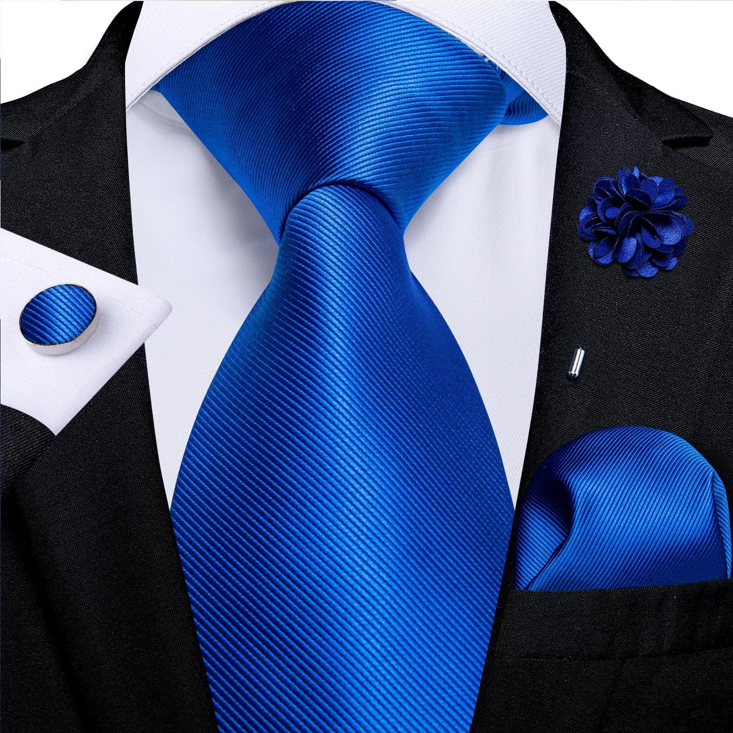 Men's Tie Formal Party Blue Boutonniere Silk Tie Handkerchief Cufflinks Tie Set for Wedding Accessories N-0850