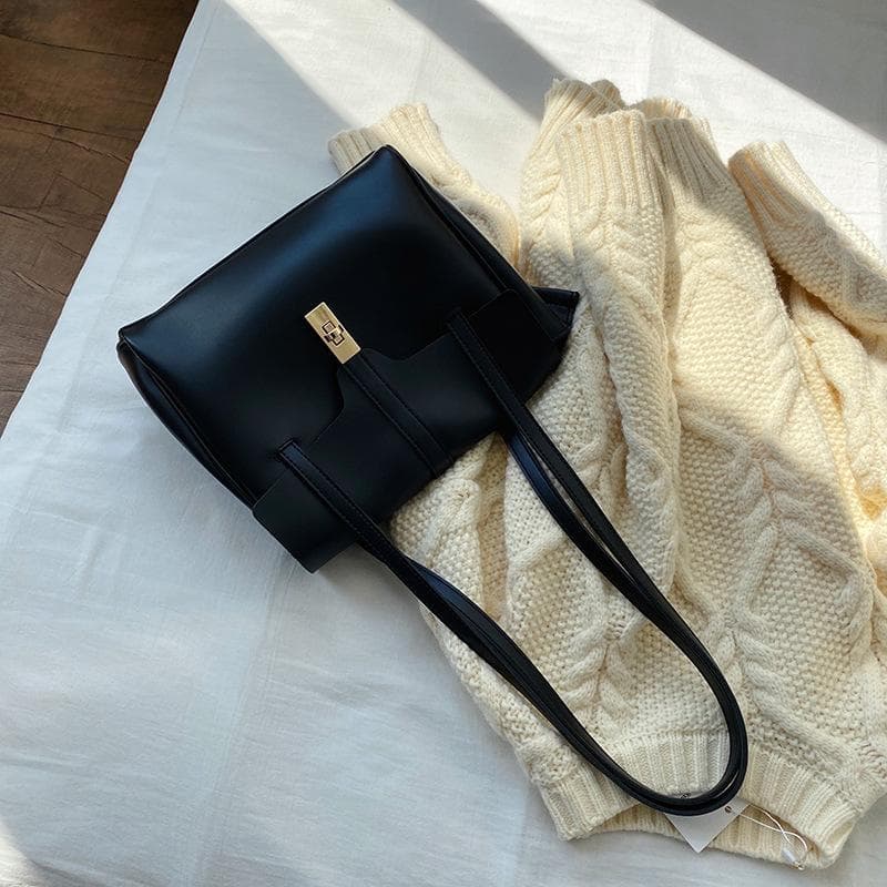 Soft Leather Fashion Vintage Clamshell Commuter Bag Women's Autumn/winter One-shoulder Tote Bag black
