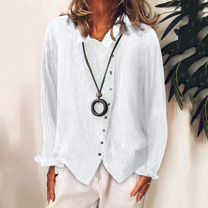 Casual Ladies Breathable Loose Cotton Linen Shirt Autumn Solid Color Temperament Blouses Tops Women L white
