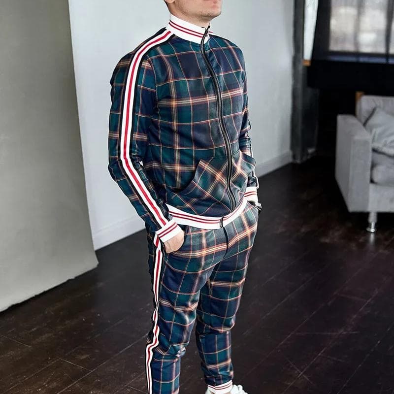 Men Clothing Ropa Zipper Stand Collar Street Casual Tracksuits Two Pieces Set Hombre Multicolor Lattice Jacket Sweatshirt Coat L
