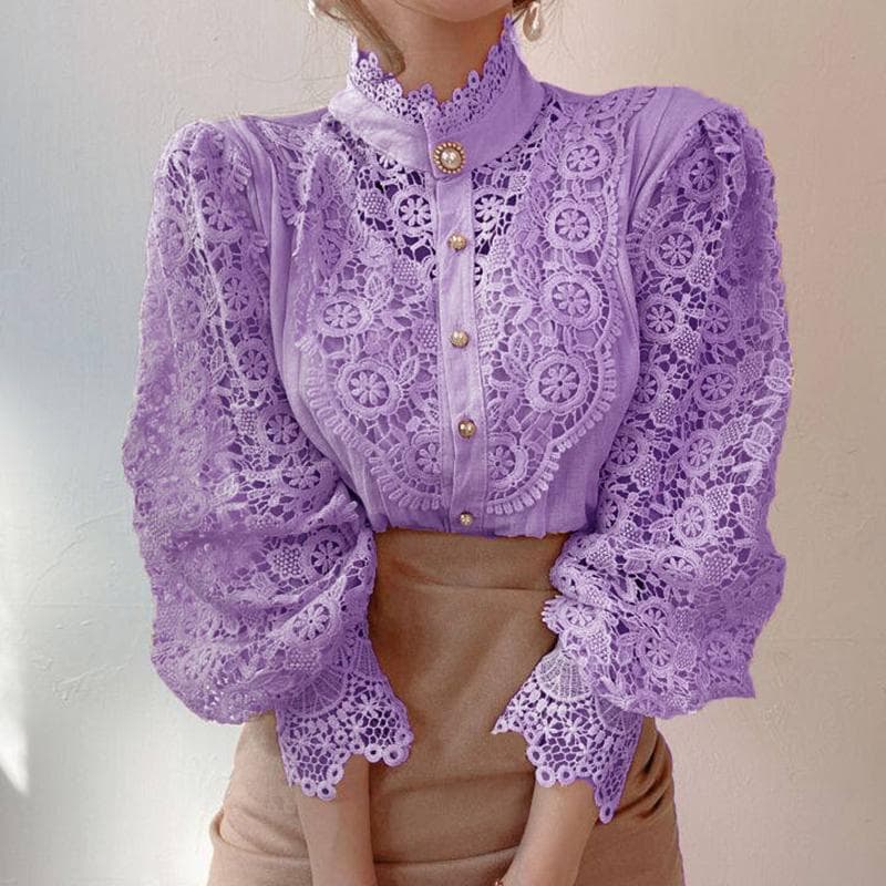 Women Lace Blouses Petal Sleeve Women Blouse Chic Button Hollow Out Flower Lace Patchwork White Shirt Top Female Clothing L purple