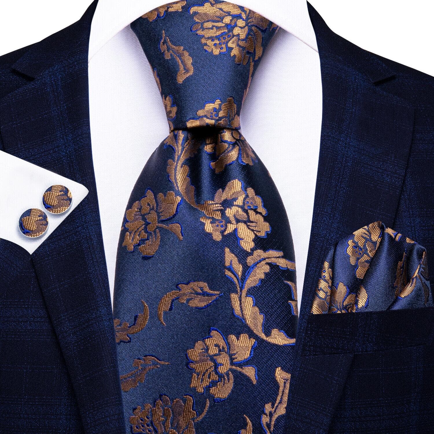 Tie Hankerchief Cufflinks Set For Men Wedding Flowers Golden Navy Blue  Necktie 100Silk Paisley Floral Ties N-3916
