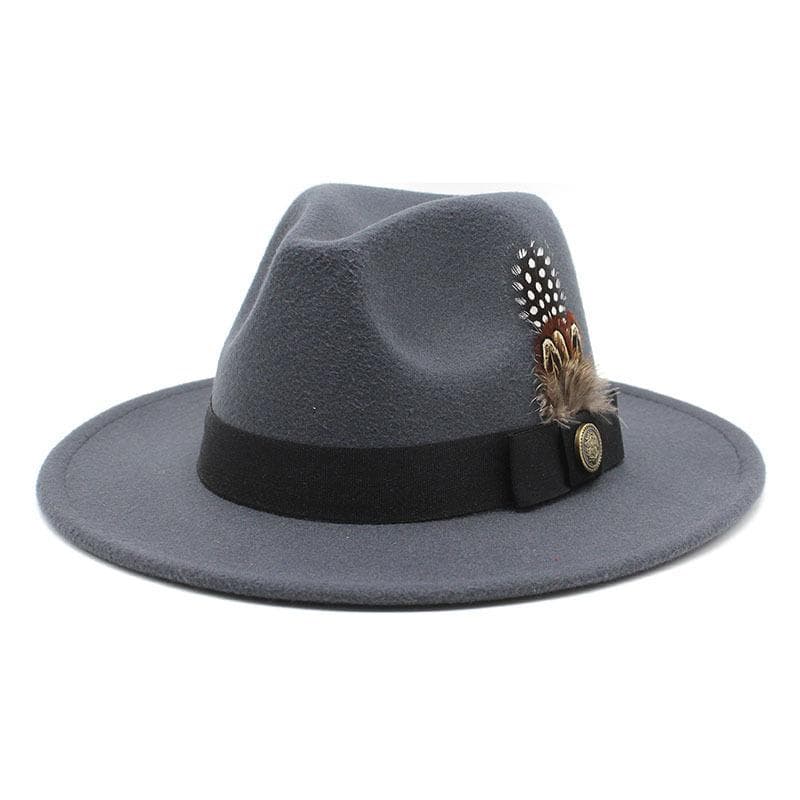 White Woolen Gentleman Classic British Jazz Feather Top Hat Wide Brim Party Church Wedding Fedora Hats Men Women Panama Felt Cap L 59-60cm dark gray