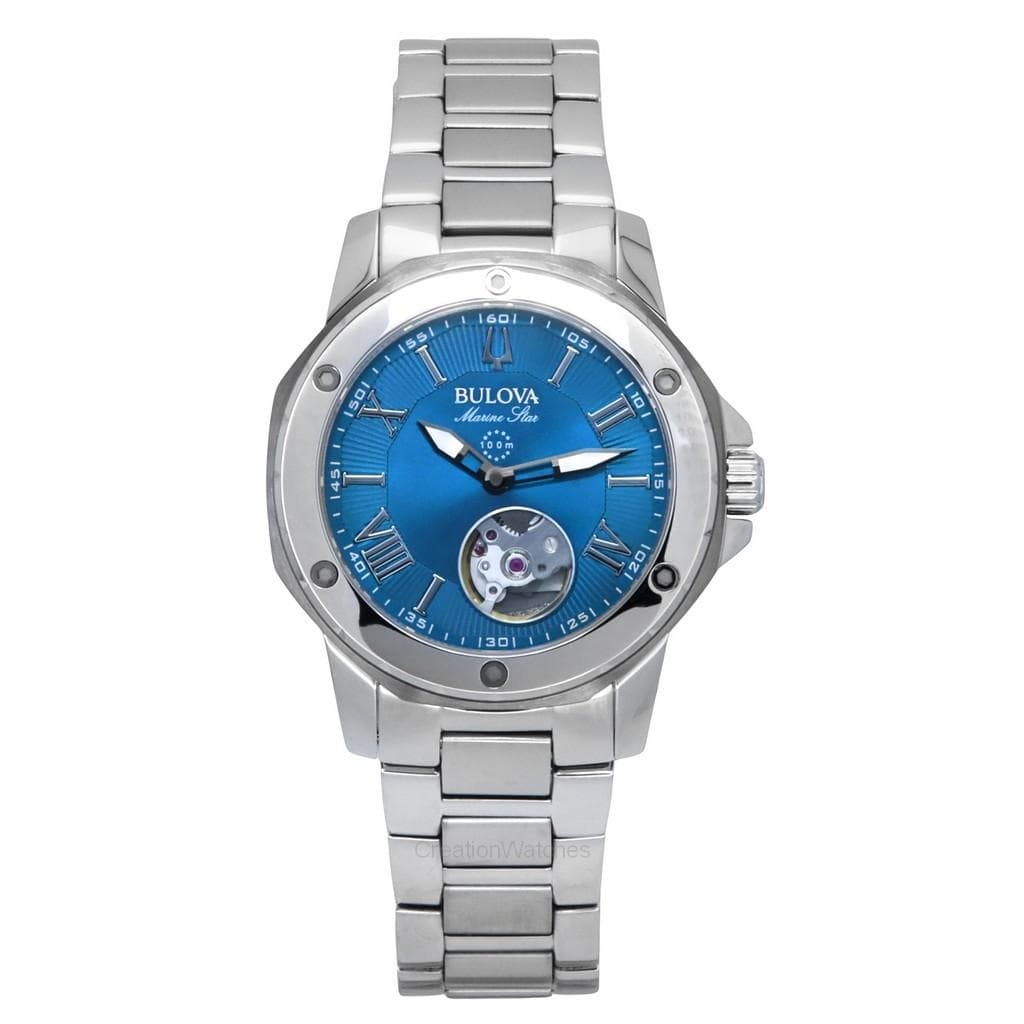 Bulova Marine Star Stainless Steel Open Heart Blue Dial Automatic 98L317 100M Women's Watch blue