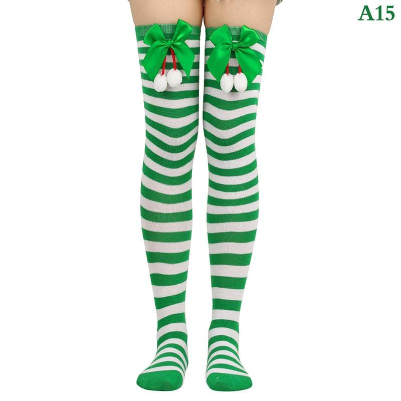 Christmas Ornaments Socks Striped Long Stockings Christmas Decorations High Socks for Girls Striped Knee Socks white/green