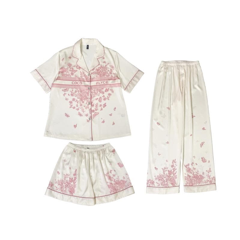Ice Silk Women's Pajamas Short Sleeve Set Pink Butterfly Thin Pajamas 3-piece Set XL