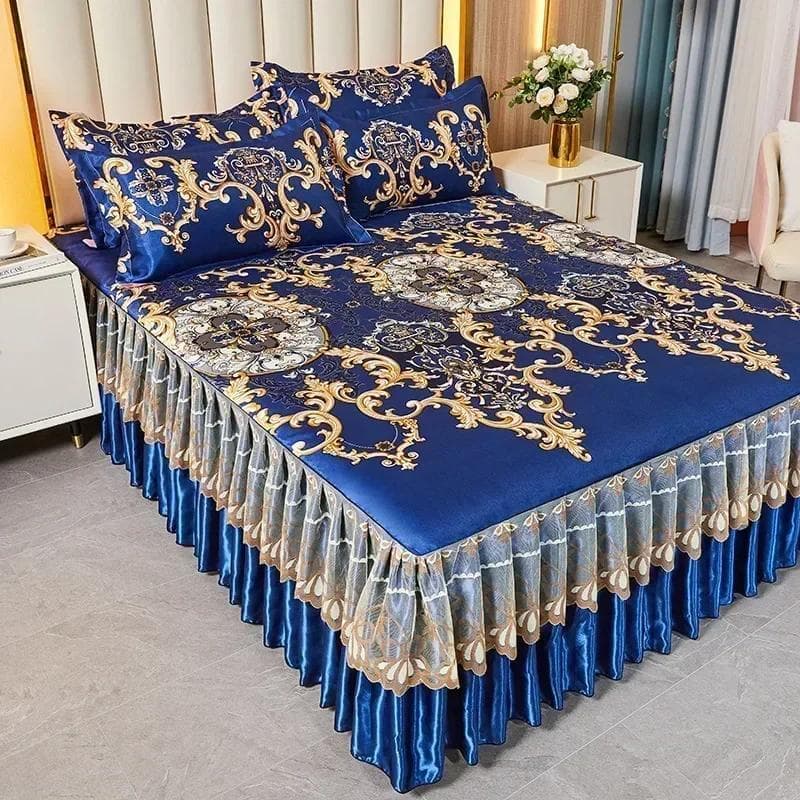 3 Pcs Bedding Classic Lace Royal Blue Bedspread Bed Skirt Machine Washable with Elastic Band for Queen King Size Sheets Bed 3 pcs 150x200cm