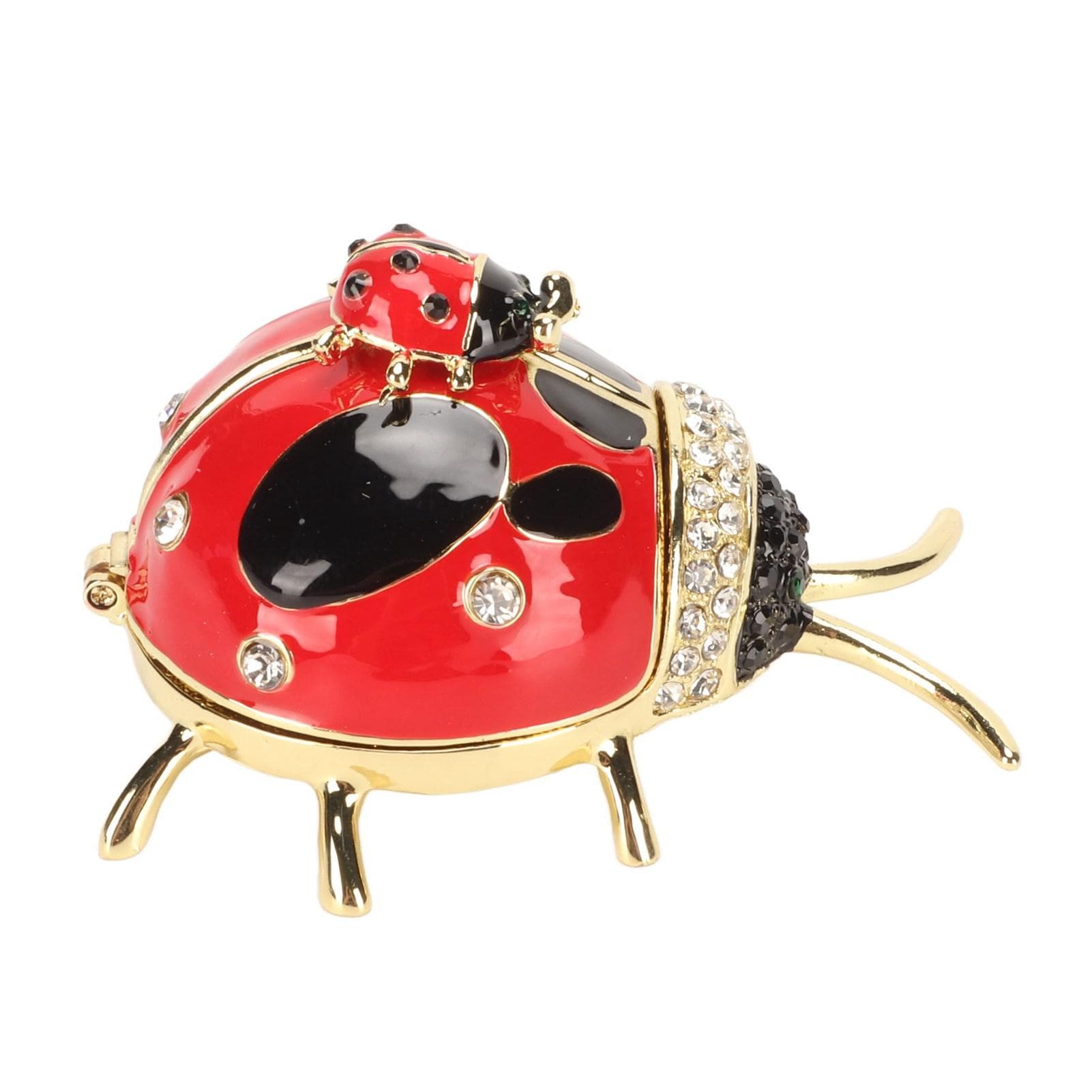 Ladybug Trinket Box Red Colored Enamel Crystal Hand Painted Rings Earrings Jewelry Storage Box