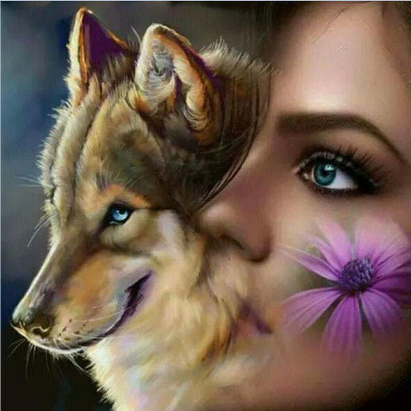Diamond Painting Beauty Face & Wolf Diy Diamond Embroidery Animal Pasted Round Full Drill Home Decor 30x30CM