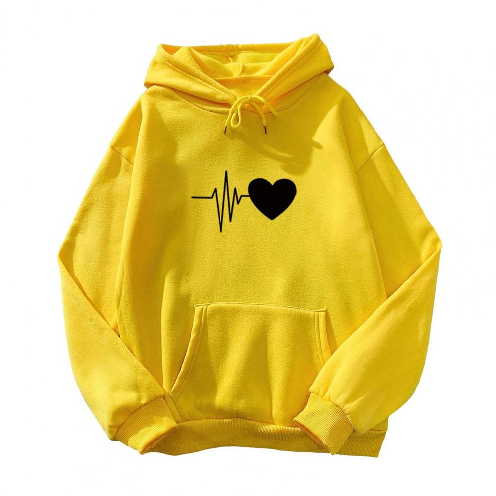 Unisex Fall Winter Hoodie Heart Print Hooded Loose Drawstring Long Sleeve Pullover Thick Plush Warm Elastic Cuff Big Patch Pocke L yellow