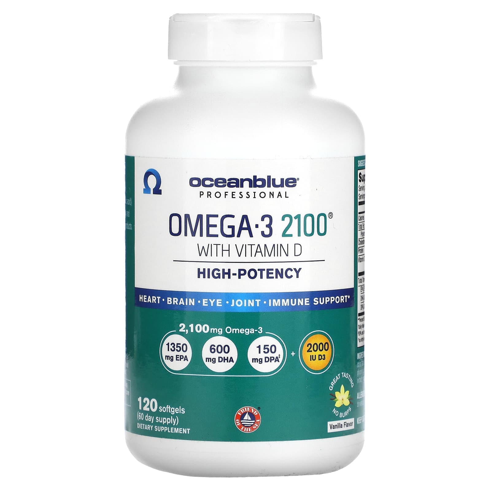 OceanBlue, Professional, Omega 3 2100, Contains Vitamin D, High Effectiveness, Vanilla, Softgel 120 Tablets