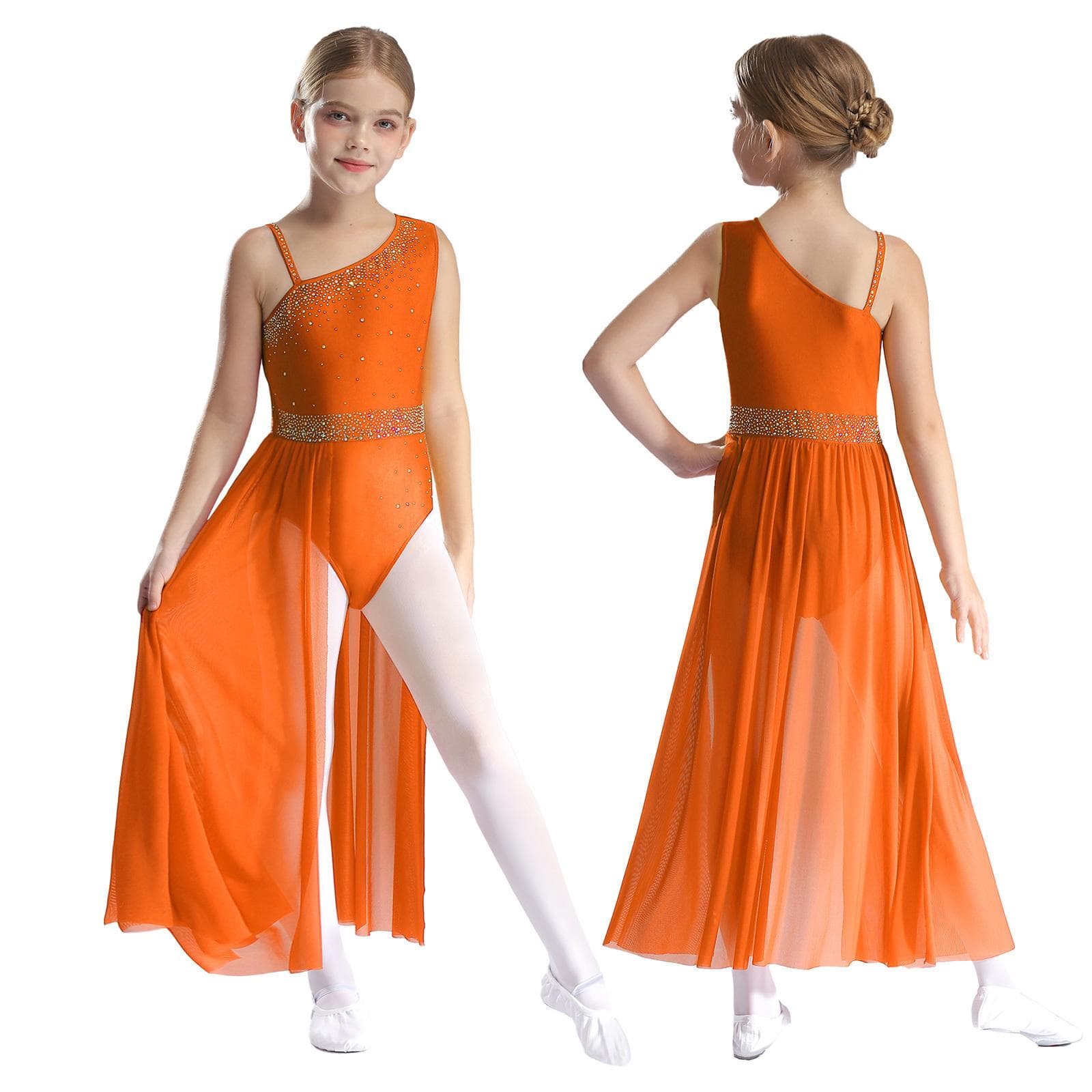 Kids Girls Ballet Lyrical Dance Dress Gymnastics Leotard with Skirt Sheer Mesh Figure Skating Modern Contemporary Dance Costume 7-8 Years orange